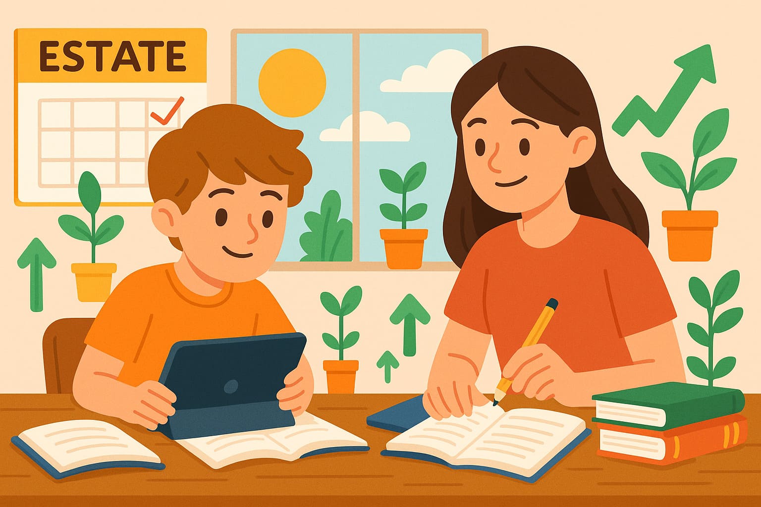 Bambino e ragazza che studiano insieme in estate con libri e tablet, simboli di crescita e calendario estivo.