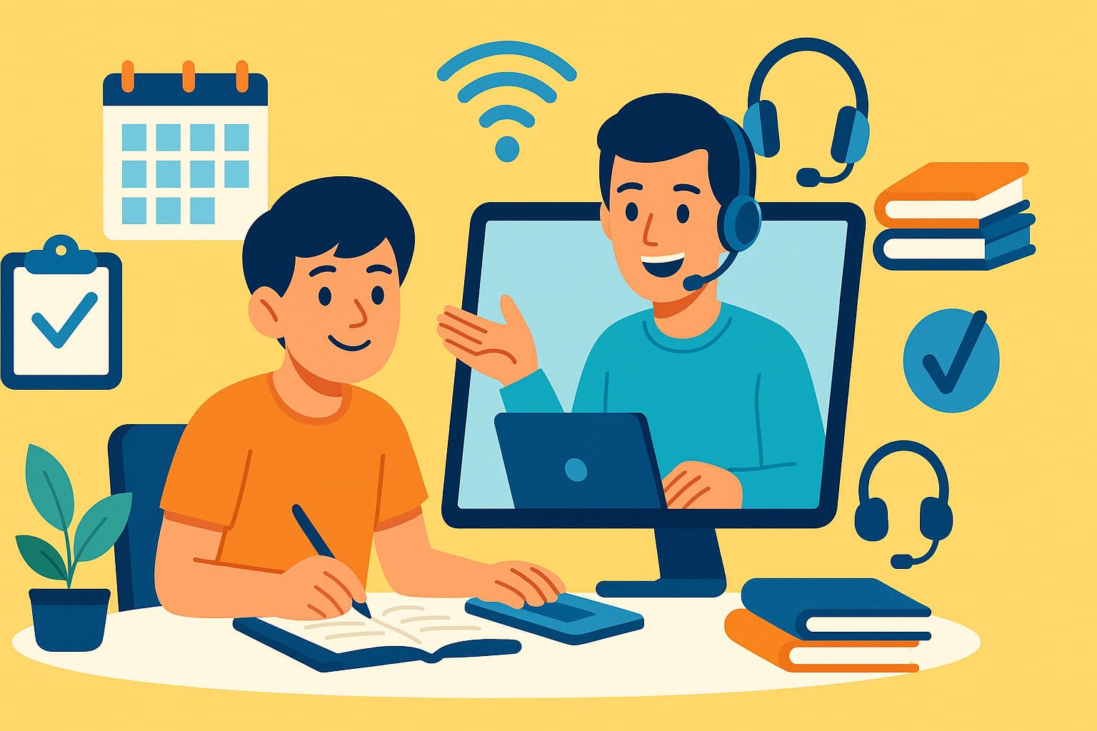 Studente connesso a un tutor online tramite laptop, circondato da icone digitali come calendario, libri e Wi-Fi