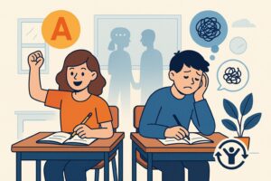 Studenti che affrontano successi e difficoltà scolastiche: una bambina felice per un buon voto e un bambino scoraggiato che riflette, simbolo dell'importanza della resilienza nel percorso educativo