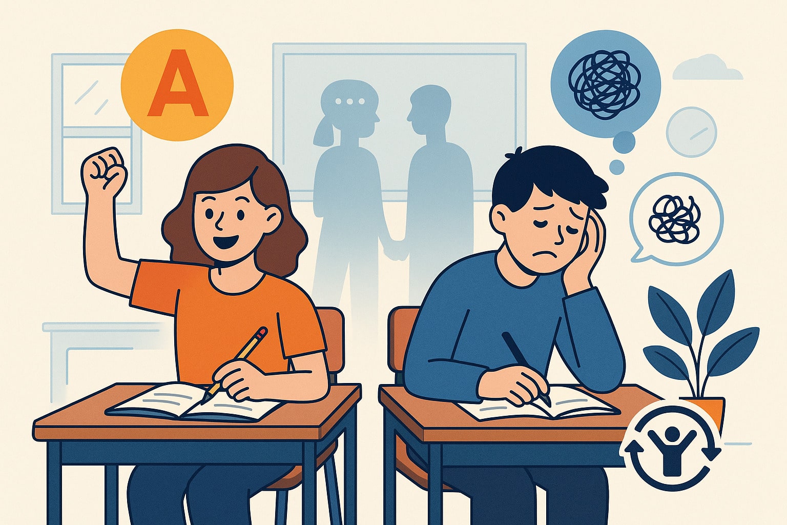 Studenti che affrontano successi e difficoltà scolastiche: una bambina felice per un buon voto e un bambino scoraggiato che riflette, simbolo dell'importanza della resilienza nel percorso educativo