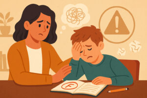 Madre consola il figlio afflitto dai brutti voti, mentre studiano insieme in un ambiente caldo ed educativo.