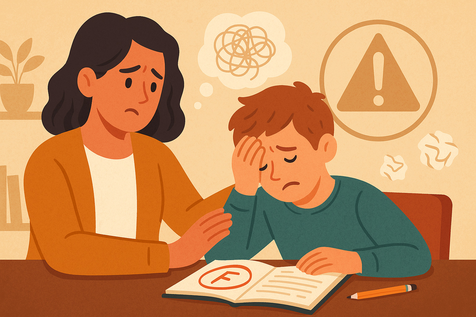 Madre consola il figlio afflitto dai brutti voti, mentre studiano insieme in un ambiente caldo ed educativo.