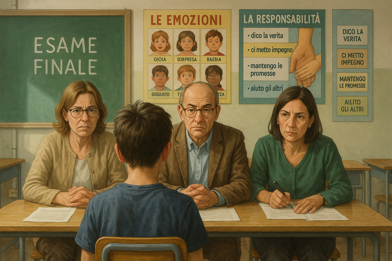 Studente durante l’orale dell’esame di maturità davanti alla commissione, tra emozione e responsabilità