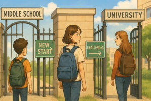 Bambini e ragazzi davanti ai cancelli scolastici di medie, superiori e università, simbolo dei passaggi scolastici