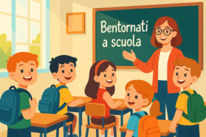 Classe scolastica italiana con studenti e insegnante sorridenti al rientro a scuola, stile AiutoStudio.