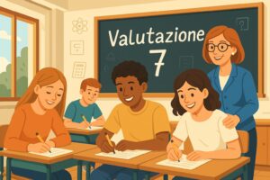 Aula scolastica italiana con studenti e insegnante durante l’esame, lavagna con scritta “Valutazione 7”, stile AiutoStudio.