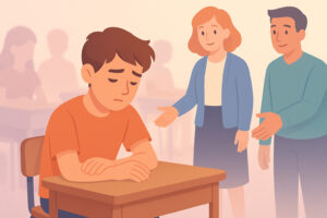 Adolescente in classe con segnali di disagio emotivo, supportato da adulti attenti, stile AiutoStudio.