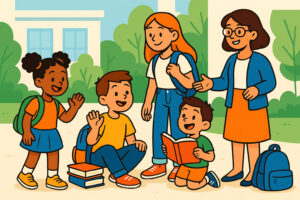 Bambini e ragazzi che socializzano in un cortile scolastico con insegnante, stile AiutoStudio.