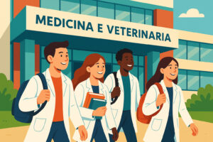 Studenti in camice bianco davanti all’università di Medicina e Veterinaria senza test d’ingresso, stile AiutoStudio