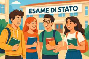 Studenti davanti alla scuola con scritta “Esame di Stato”, pronti alla nuova maturità, stile AiutoStudio.