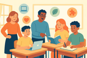 Illustrazione educativa colorata con studenti e insegnante che rappresentano benessere, tecnologia, sostenibilità e personalizzazione.