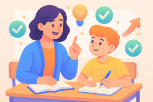 Insegnante che offre feedback costruttivo a uno studente in classe, simboli di crescita e apprendimento, stile AiutoStudio.