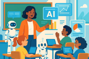 Aula moderna con insegnante e studenti che usano strumenti di intelligenza artificiale, stile AiutoStudio.