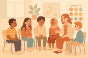 Illustrazione di studenti e insegnante che dialogano sulle emozioni in un clima accogliente.