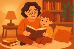 Illustrazione colorata e accogliente di un genitore che legge un libro al figlio, simbolo del piacere della lettura condivisa.