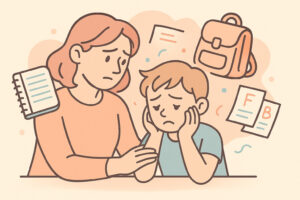 Illustrazione AiutoStudio stile Vectorium che mostra un genitore che sostiene un figlio in difficoltà scolastica