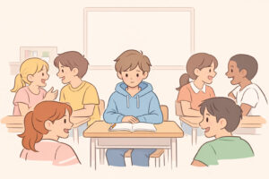 Illustrazione AiutoStudio stile Vectorium di uno studente silenzioso e invisibile in classe