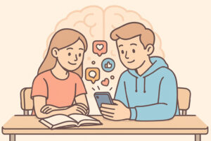 Illustrazione in stile AiutoStudio che mostra studenti e social media e i loro effetti sulla mente
