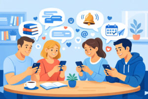 genitori che comunicano nella chat scolastica tra famiglie e scuola stile aiutostudio