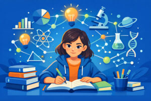 studentessa che studia con libri e appunti simbolo di istruzione femminile e crescita culturale aiutostudio