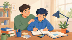 genitore supporta figlio durante esami studio casa relazione positiva