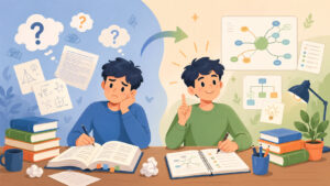 studente affronta materie difficili con metodo e motivazione illustrazione educativa