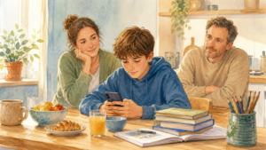 Ragazzo con lo smartphone mentre i genitori cercano un dialogo sereno
