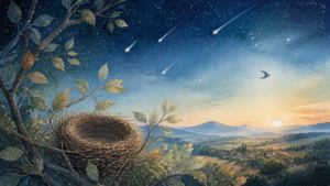 Nido vuoto sotto le stelle cadenti che lascia spazio alla luce dell’alba