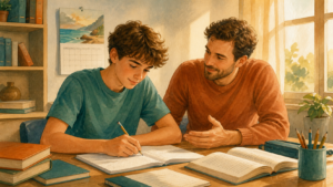 Studente che svolge esercizi con un tutor per diventare autonomo